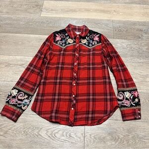 Johnny Was Workshop Shirt Women's XXS Esme Red Western Plaid Pearl Snap